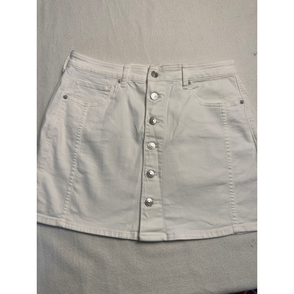 American Eagle Denim Skirt Women 12 White High Rise A-Line Button Front Stretch
